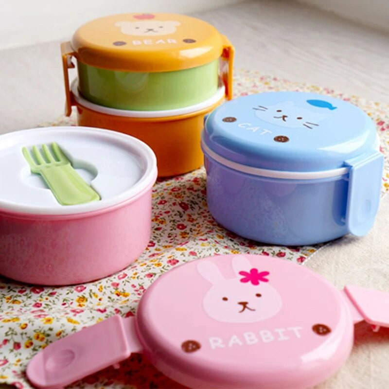 Cute Animal Lunch Box japán kétrétegű, kerek mini Bento Box Gyümölcsös Doboz Snack Box Mikrohullámú gyerekebéd doboz 540ml