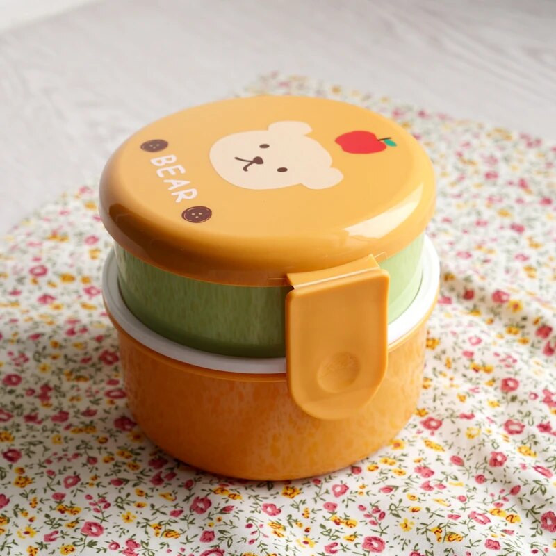 Cute Animal Lunch Box japán kétrétegű, kerek mini Bento Box Gyümölcsös Doboz Snack Box Mikrohullámú gyerekebéd doboz 540ml