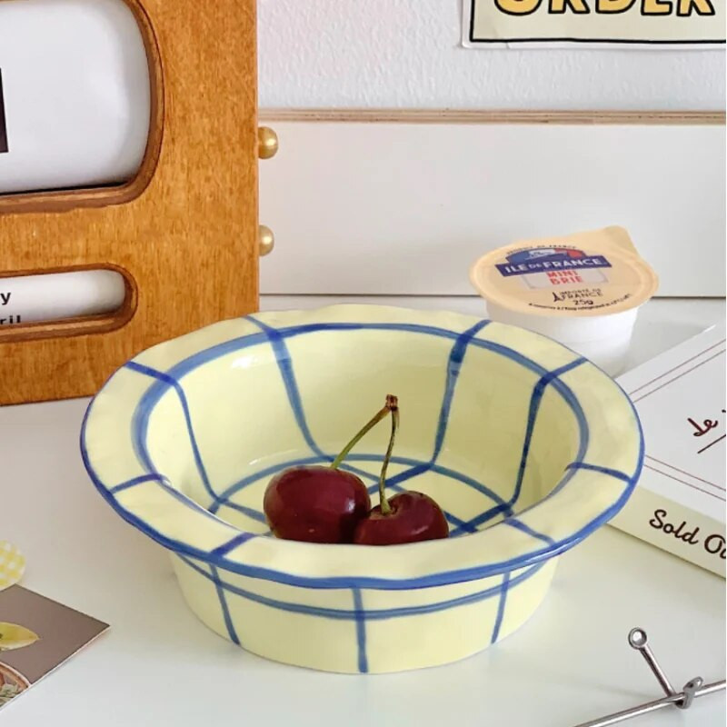 Kézzel festett szalmakalapos tál francia kerámia joghurtos tál retro illusztráció magas boroszilikát hőálló gyümölcstál salátaétel