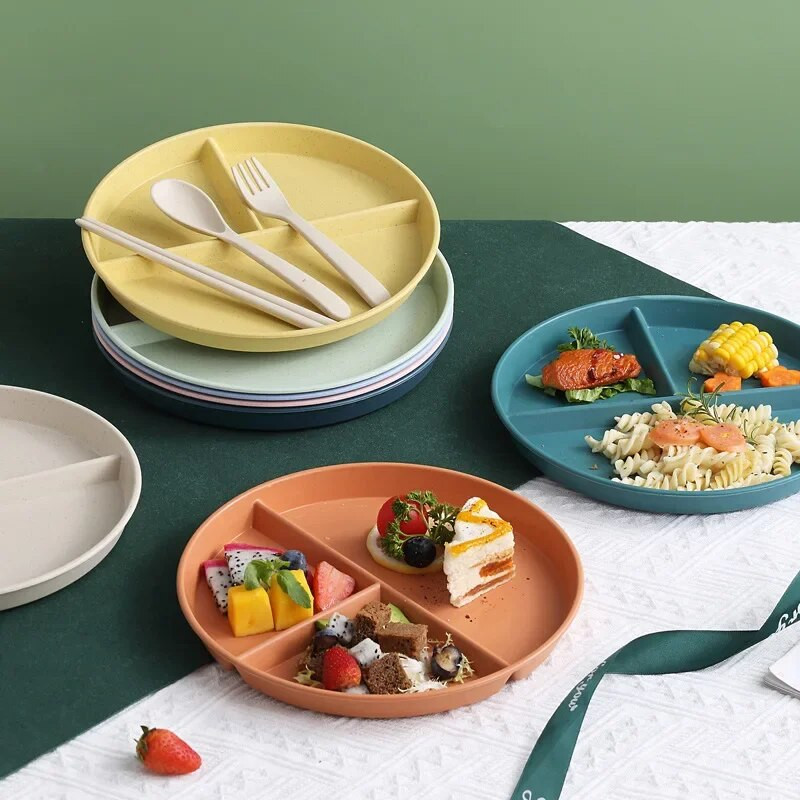 Osztott tányér 3 diétás újrafelhasználható kerek tányér Konyhai étkészlet adagolótányérok felnőtteknek 3 rekeszes mikrohullámú sütőben használható PP