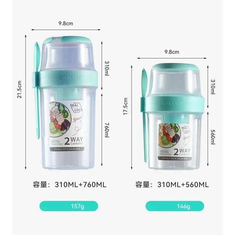 Hordozható, kétrétegű Crisper tartály joghurt saláta lezárt tartály villás gyümölcsös falattal lezárt tárolóval baba bébiétel doboz