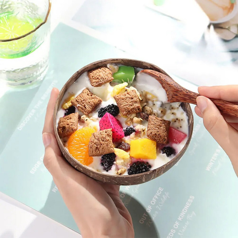 12-14,5 cm-es natúr kókuszos tál készlet fából készült saláta Ramen tál Kókuszos fa kanál szett Coco turmix konyhai étkészlet Kókuszos tál