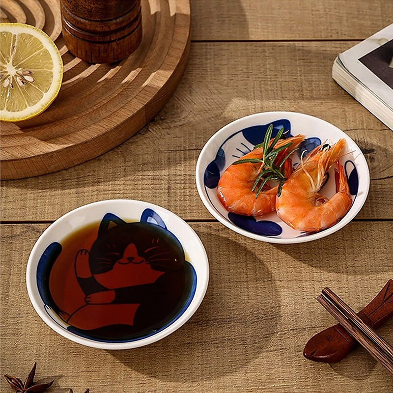 1 db japán stílusú kerámia desszert szószos edény étkészlet Kreatív aranyos rajzfilm szerencsés macska mintás vízcsepp alakú gyümölcstányérok