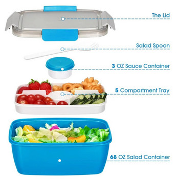 2L/1.1L Кутия за салата Кутия за обяд Голяма кутия за свежест със сос Правоъгълно пластмасово отделение Запечатани контейнери за съхранение на храна