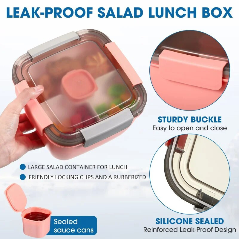 2 l/1,1 l salátadoboz ebédlődoboz, nagy frissen tartható mártásdobozsal, négyszögletes műanyag rekeszes, lezárt élelmiszertároló tartályok