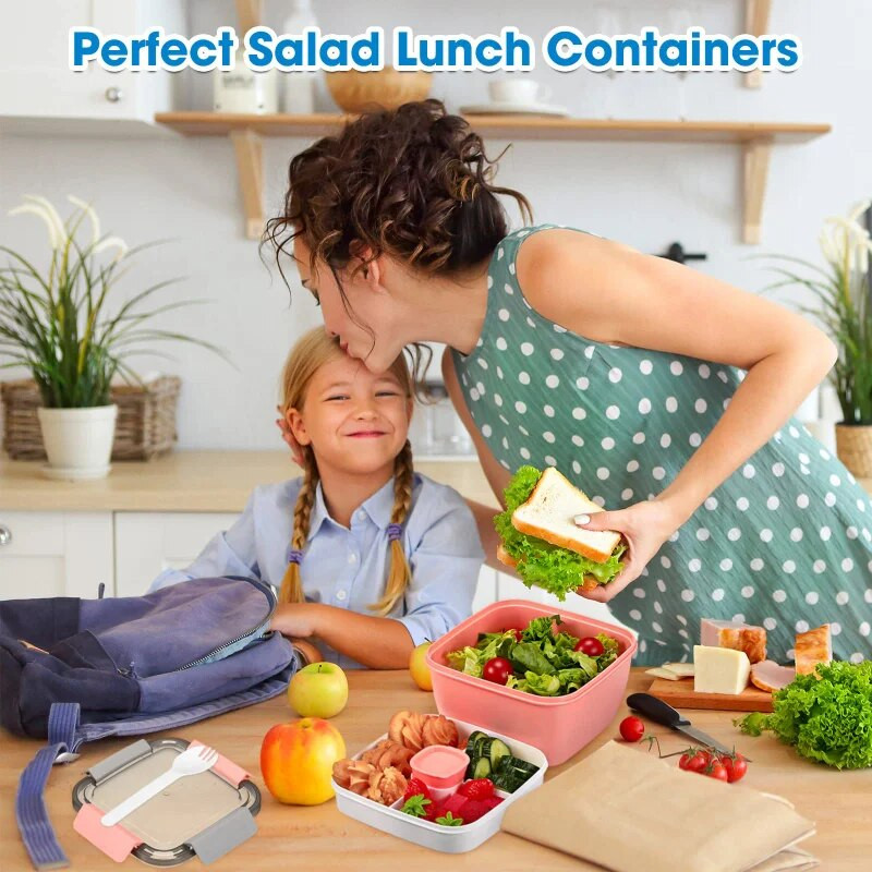 2 l/1,1 l salátadoboz ebédlődoboz, nagy frissen tartható mártásdobozsal, négyszögletes műanyag rekeszes, lezárt élelmiszertároló tartályok