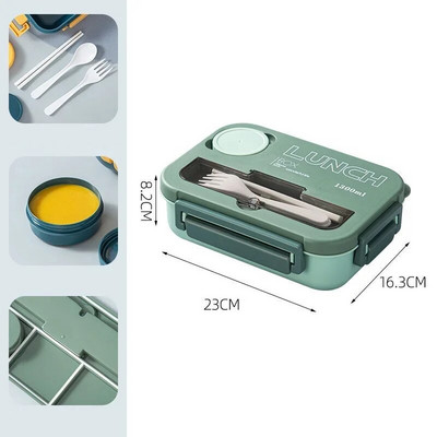 1 τεμ 1300ML 4Grids Lunch Box with Tabieware,Microwavabie Diswasher Cieaning Hermetic Bento Box for Students Aduits Schooi Office