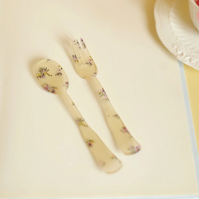 Пластмасова тава за десерт Акрилна чиния за торта Решетка Модел Spork Флорални чинии Декоративни сватбени партита Рожден ден Чиния с плодове Лъжица Вилица