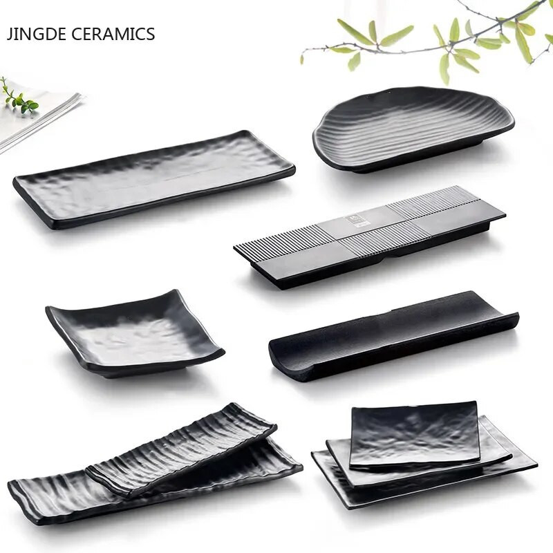 Fekete bozót csíkos grill húsos sushi tányér Melamin konyhai evőeszközök Koreai konyha Saury Gyümölcs desszert Sushi tároló tányér