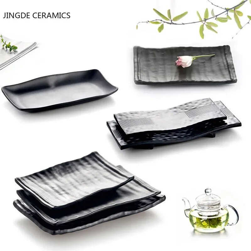 Fekete bozót csíkos grill húsos sushi tányér Melamin konyhai evőeszközök Koreai konyha Saury Gyümölcs desszert Sushi tároló tányér