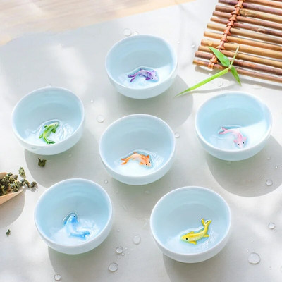 6 vnt Celadon Colorful Carp arbatos puodelio rinkinys Kinietiškos arbatos rinkinys Puodelis Keraminis arbatos puodelis Japoniškas Te puodelis Arbatos puodeliai Jingdezhen Bowl Puer Bar