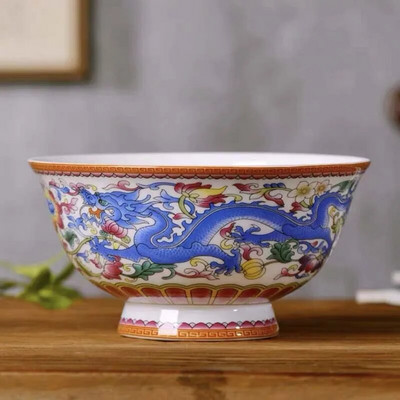 1 бр. китайска купа за юфка Jingdezhen 5 инча Famille Розов порцеланов златист кант с благоприятен дизайн Купа Декоративна посуда