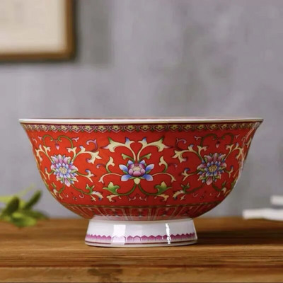 1 бр. китайска купа за юфка Jingdezhen 5 инча Famille Розов порцеланов златист кант с благоприятен дизайн Купа Декоративна посуда