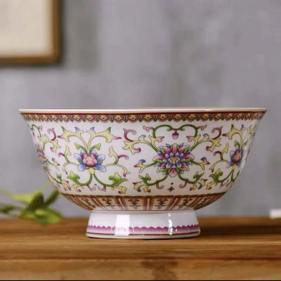 1 бр. китайска купа за юфка Jingdezhen 5 инча Famille Розов порцеланов златист кант с благоприятен дизайн Купа Декоративна посуда