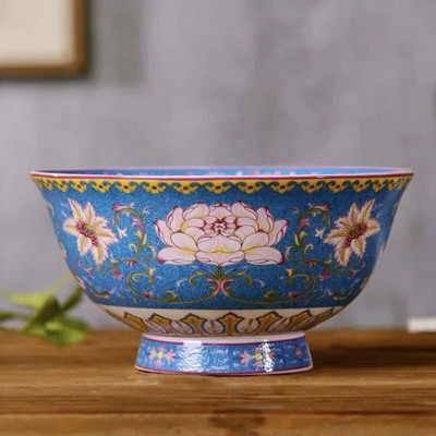 1 бр. китайска купа за юфка Jingdezhen 5 инча Famille Розов порцеланов златист кант с благоприятен дизайн Купа Декоративна посуда