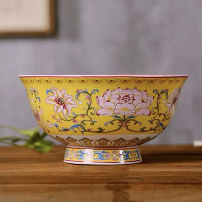 1 бр. китайска купа за юфка Jingdezhen 5 инча Famille Розов порцеланов златист кант с благоприятен дизайн Купа Декоративна посуда