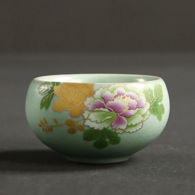 45 ml Retro Ru Kiln Tea Cup Ръчно изработена керамична чаша Flowers pattern Travel Tea Bowl Комплект за чай Pu'er Master Teacups Personal Single Cup