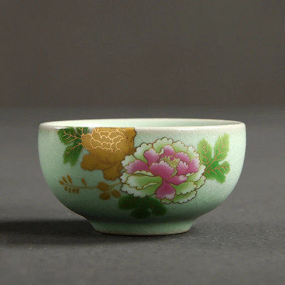 45 ml Retro Ru Kiln Tea Cup Ръчно изработена керамична чаша Flowers pattern Travel Tea Bowl Комплект за чай Pu'er Master Teacups Personal Single Cup