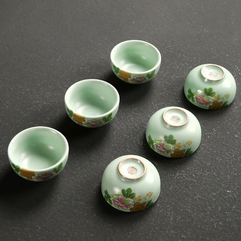 45ml Retro Ru sütőkemencés teáscsésze Kézzel készített kerámia csésze Virágmintás Utazó teástál teáskészlet Pu`er Master teáscsészék Személyes egypohár