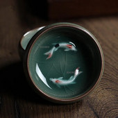 Κινεζικό Longquan Celadon Porcelain China Φλυτζάνι τσαγιού και πιατάκι Τσάι με χρυσό ψάρι 60ml Φλυτζάνι τσαγιού Celadon Crackle