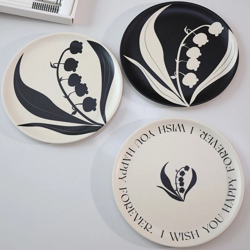 Skandináv étkezőtányér nyomtatott, kerek bambuszszálas edények saláta tálaláshoz Desszert torta Gyümölcs ételtányér Konyhai kellékek 20cm