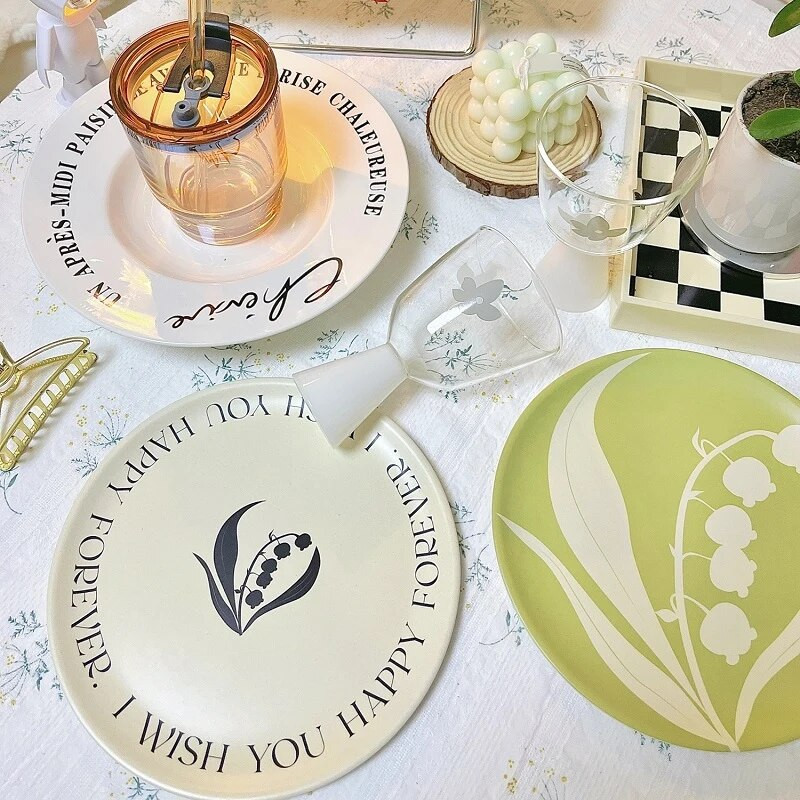 Skandináv étkezőtányér nyomtatott, kerek bambuszszálas edények saláta tálaláshoz Desszert torta Gyümölcs ételtányér Konyhai kellékek 20cm