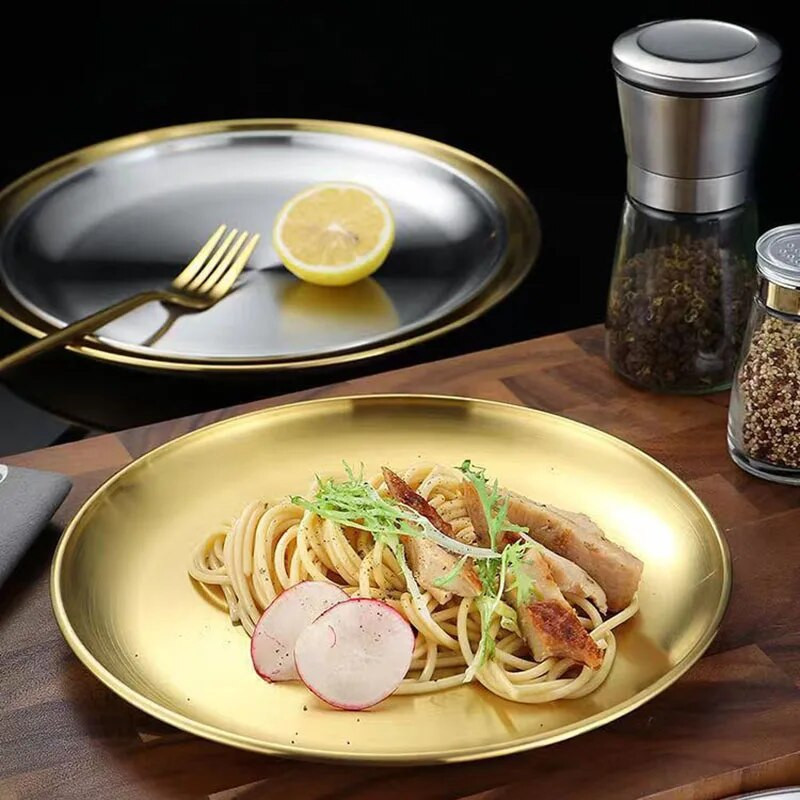 Koreai rozsdamentes acél vastagított grillkorong Arany ezüst kávézótálca Gyümölcstányér Tortatál Csonttál sekély tányér
