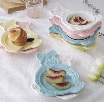 Корейски Ins Bear Plate Sweet Dessert Snack Plate Карикатура Салата Зърнена Котка Заек Купа Закуска Салата Чиния Плодова Керамична Чиния