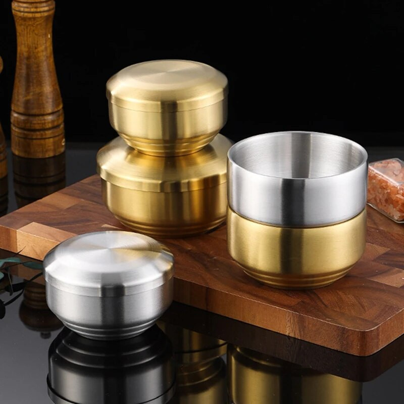 Koreai 304 rozsdamentes acél rizstál fedővel, kétrétegű forrázásgátló leves ételtálaló tálak konténer konyhai edények