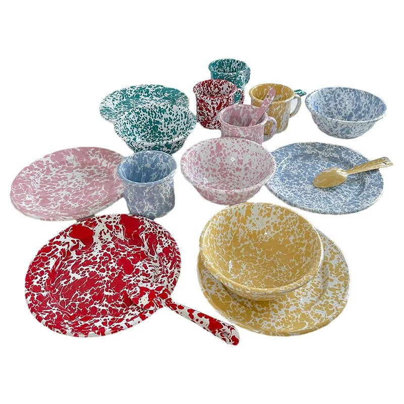 Európai zománcozott tányérkészlet Retro Splash Ink Otthoni edények és tányérkészletek Kreatív nappali asztali gyümölcssaláta étel
