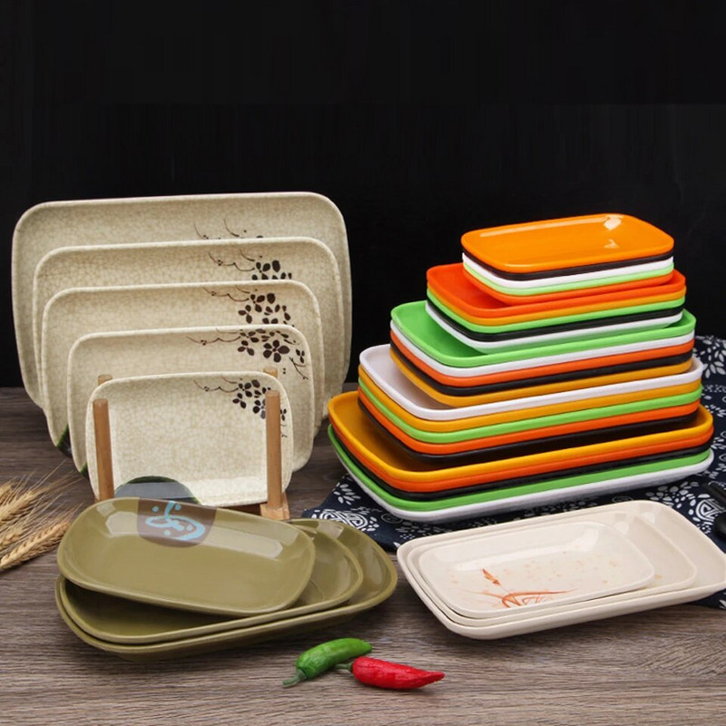 Színes Melamin edény BBQ grillezett nyárs műanyag tányér Tányér négyszögletes imitáció porcelántál Étterem Snack Tésztatál