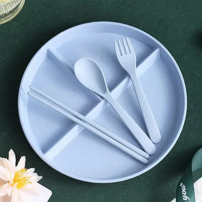 Чиния с решетка от пшенична слама, чиния за намаляване на мазнините, отделна чиния за закуска, три решетки, оризова чиния, комплект детски съдове и прибори