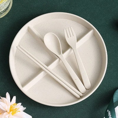 Чиния с решетка от пшенична слама, чиния за намаляване на мазнините, отделна чиния за закуска, три решетки, оризова чиния, комплект детски съдове и прибори