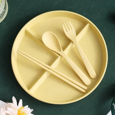 Чиния с решетка от пшенична слама, чиния за намаляване на мазнините, отделна чиния за закуска, три решетки, оризова чиния, комплект детски съдове и прибори