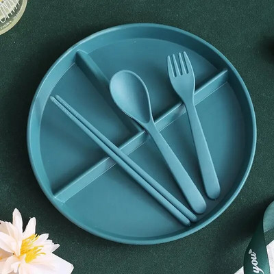 Чиния с решетка от пшенична слама, чиния за намаляване на мазнините, отделна чиния за закуска, три решетки, оризова чиния, комплект детски съдове и прибори