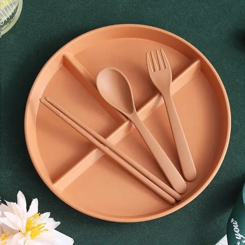 Búzaszalma rács vacsoratányér Zsírcsökkentő tányérok Külön snacktál reggeli Három rácsos rizstál gyermek étkészlet