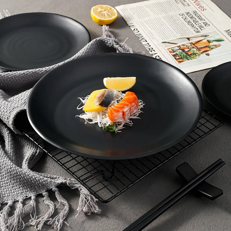 Fekete melamin esésgátló vacsoratál kerek ételek snackek sushi steaktálca desszert tea étkészletek konyhai kiegészítők