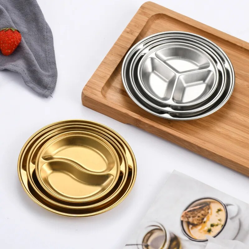 Rozsdamentes acél merítő tányér, kerek kis tányér, koreai grillfűszeres tányér, arany rácsos tányér, forró edényes ízesítő tányér