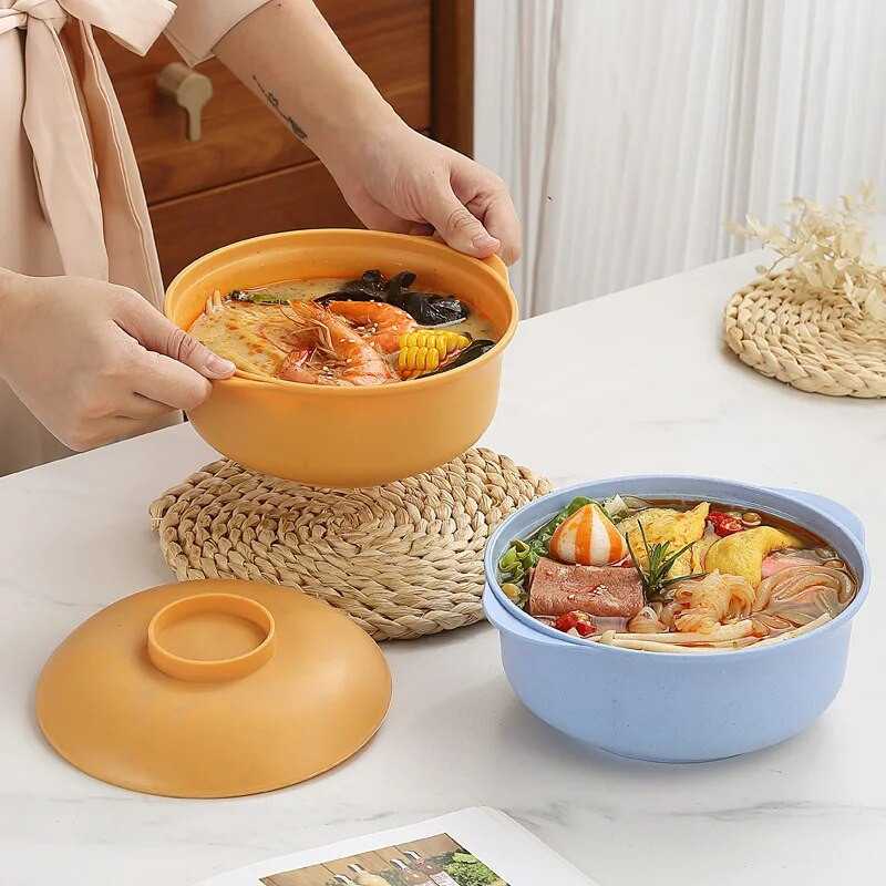 Búzaszalma Ramen tál fedővel Műanyag rostos étkészlet Otthoni rakott instant tészta tálak Nagy levesestál Konyhai kellékek