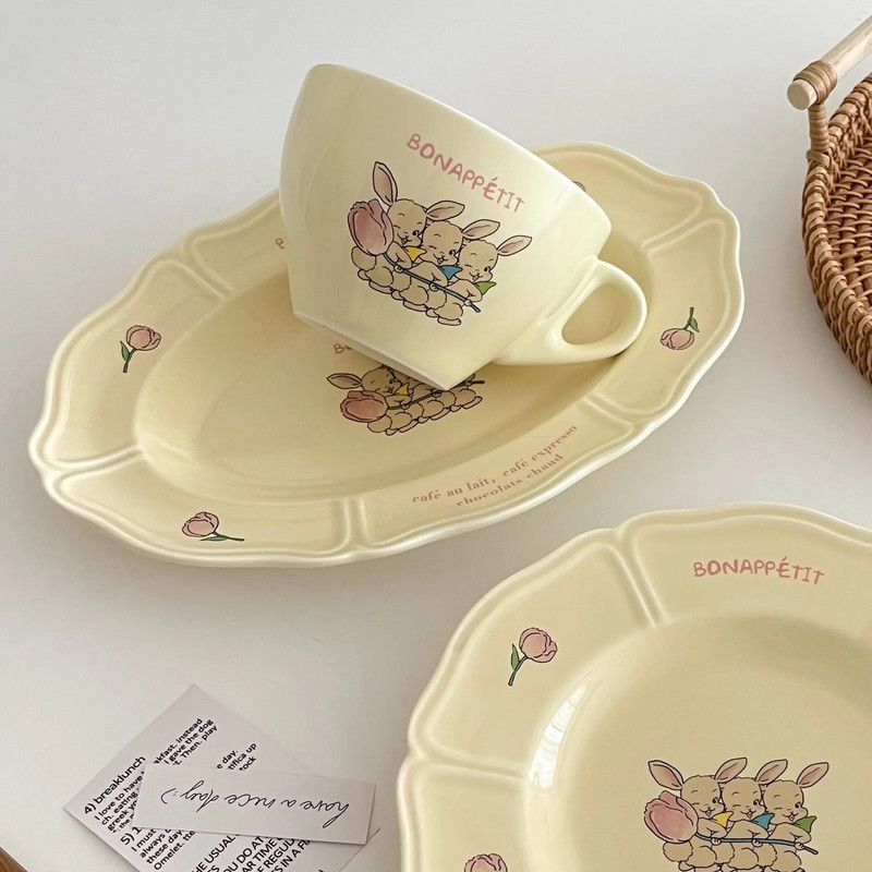 Koreai INS Vintage tányér francia három nyúltányér tulipánkrémes csipketál szabálytalan desszert kerámia ovális tányér kávéscsésze