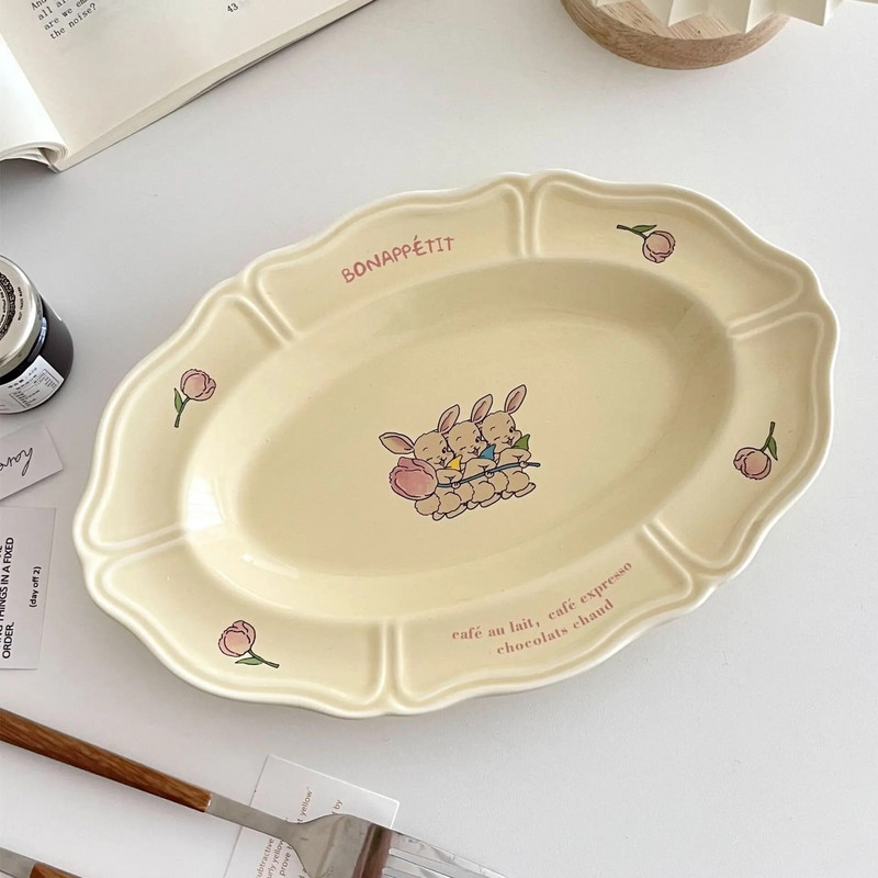 Koreai INS Vintage tányér francia három nyúltányér tulipánkrémes csipketál szabálytalan desszert kerámia ovális tányér kávéscsésze
