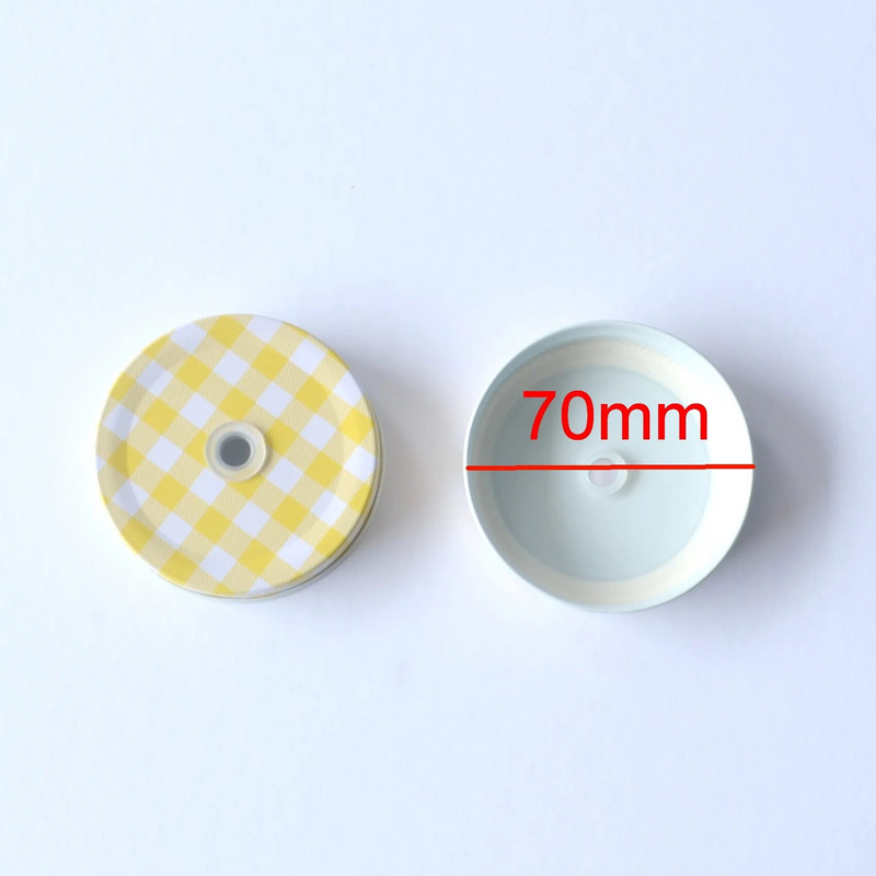 70 mm-es befőttesüveg fedelek szalma lyukakkal, ivóüveg polka csekk fedelek születésnapi parti csavaros fedéllel a Standardard befőttesüveghez