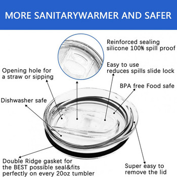 6 бр. Стегната капачка за чаша Пластмасова капачка за чаша Устойчив на разливане Прозрачен комплект капаци за чаши Подходящ за съдомиялна машина 20 унции Тесничка чаша от неръждаема стомана