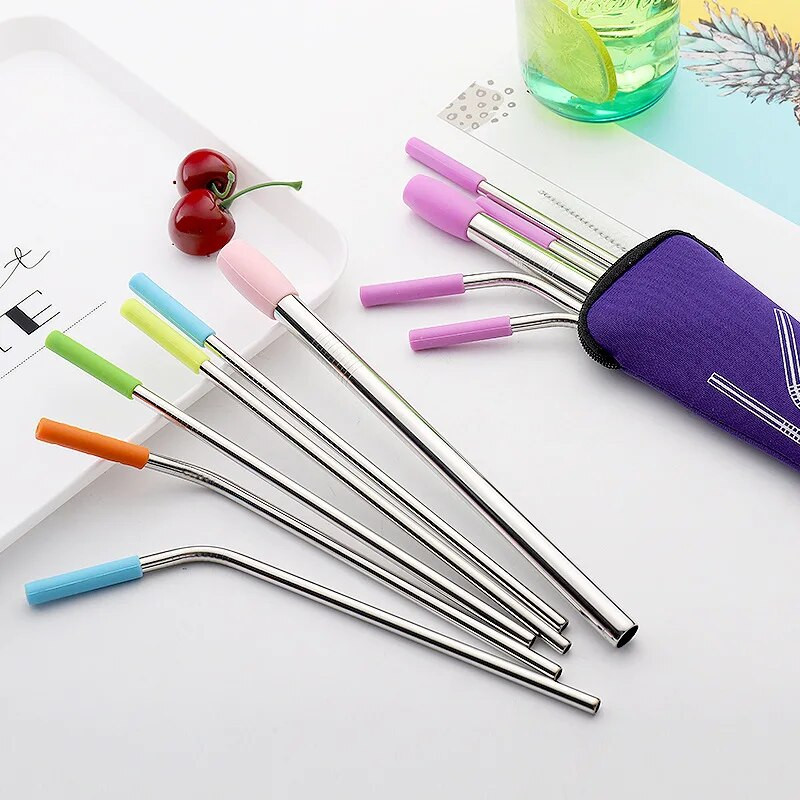 6db/készlet Újrafelhasználható szilikon Boba buborék tea ital szívószál + tiszta kefe rozsdamentes acél szívószál készlet
