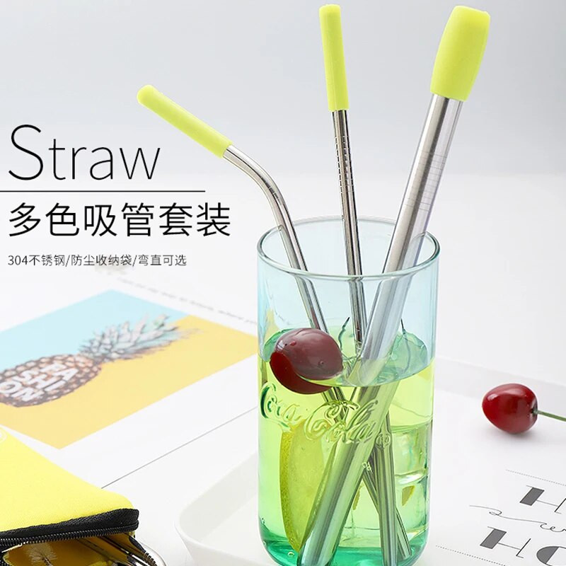 6db/készlet Újrafelhasználható szilikon Boba buborék tea ital szívószál + tiszta kefe rozsdamentes acél szívószál készlet