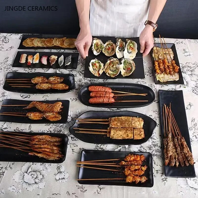 1 db fekete téglalap alakú grilltányér melamin étkészlet Kereskedelmi forró edény zöldségtányér japán grillező műanyag tányér