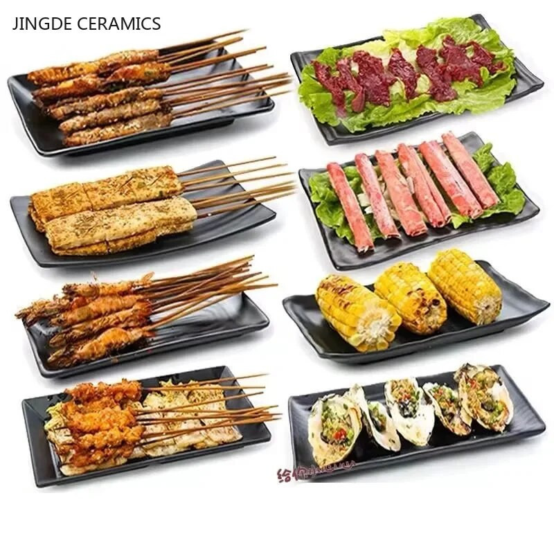 1 db fekete téglalap alakú grilltányér melamin étkészlet Kereskedelmi forró edény zöldségtányér japán grillező műanyag tányér