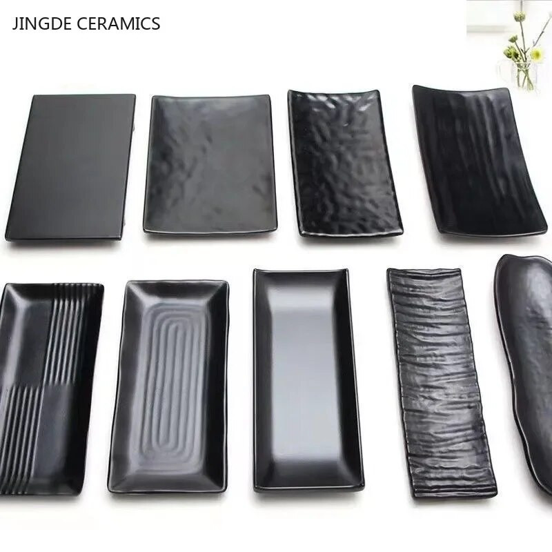 1 db fekete téglalap alakú grilltányér melamin étkészlet Kereskedelmi forró edény zöldségtányér japán grillező műanyag tányér
