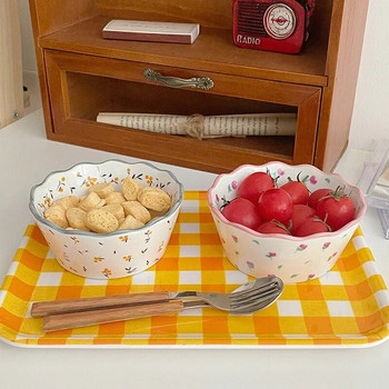 Fresh Pastoral Small Broken Flower Ceramic Bowl Ins Vintage Lace Salad Fruit Thened Прекрасна супа Оризова купа Допълнителна лъжица