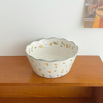 Fresh Pastoral Small Broken Flower Ceramic Bowl Ins Vintage Lace Salad Fruit Thened Прекрасна супа Оризова купа Допълнителна лъжица